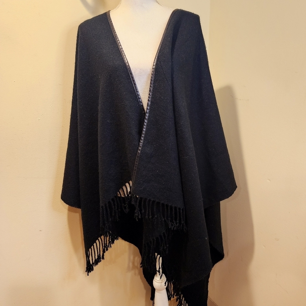 Ann Taylor Black Fringe Faux Leather Trim Open Poncho One Size